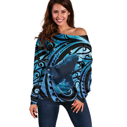 New Zealand Matariki Off Shoulder Sweater Maori Humpback Whale Galaxy