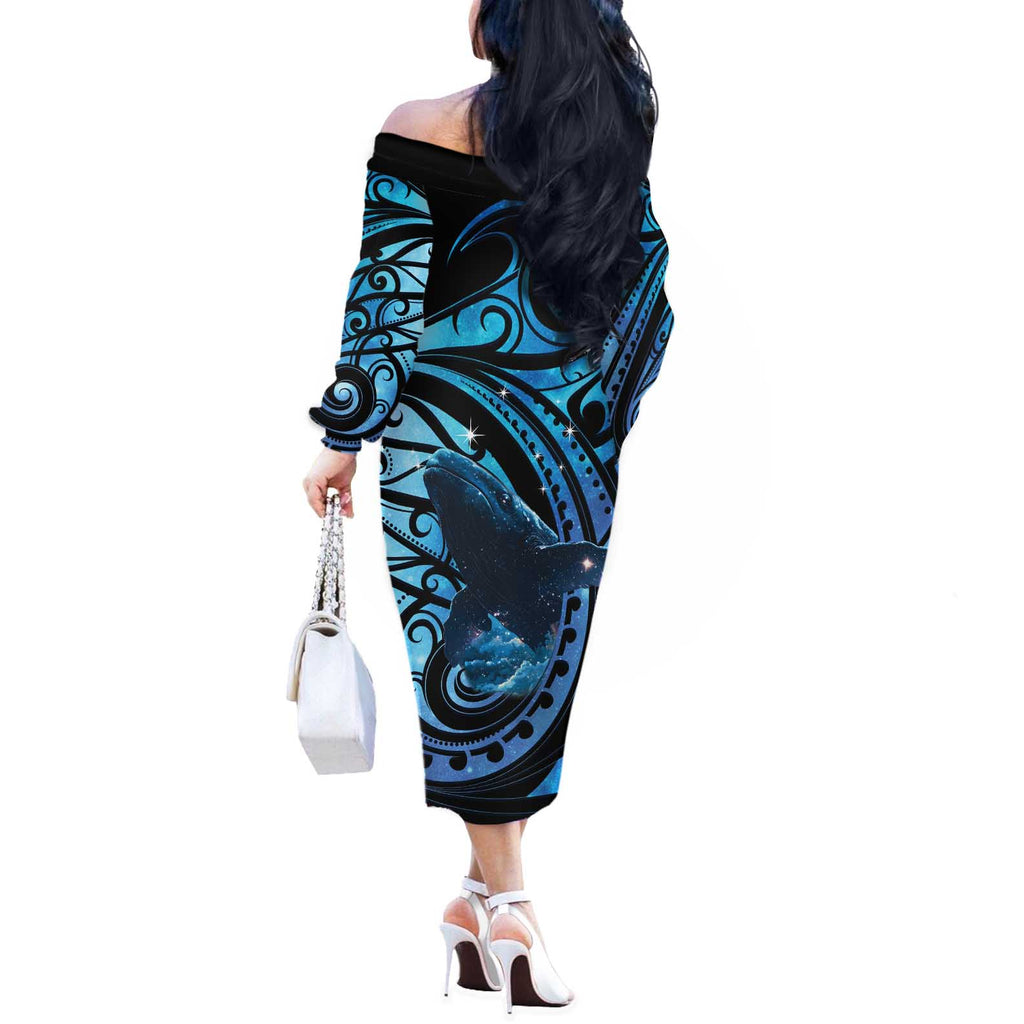 New Zealand Matariki Off The Shoulder Long Sleeve Dress Maori Humpback Whale Galaxy
