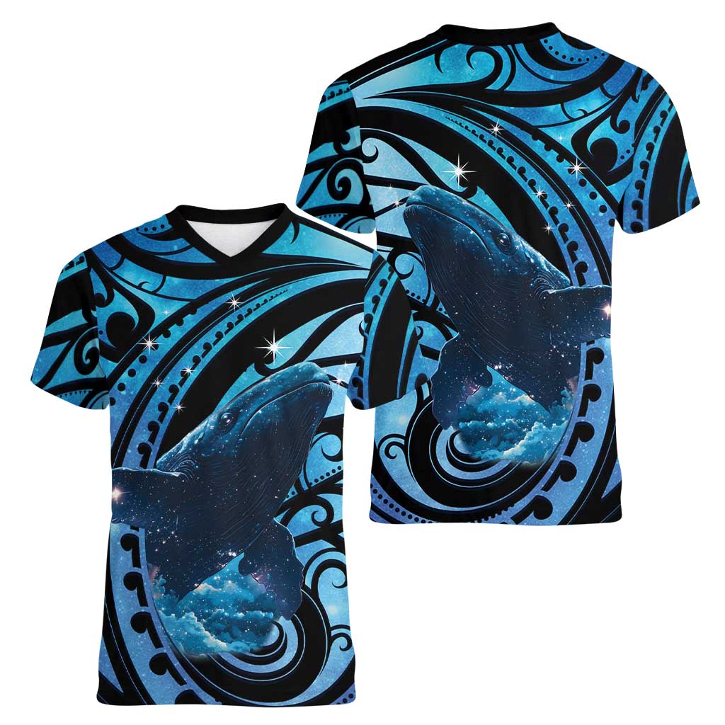 New Zealand Matariki Women V-Neck T-Shirt Maori Humpback Whale Galaxy