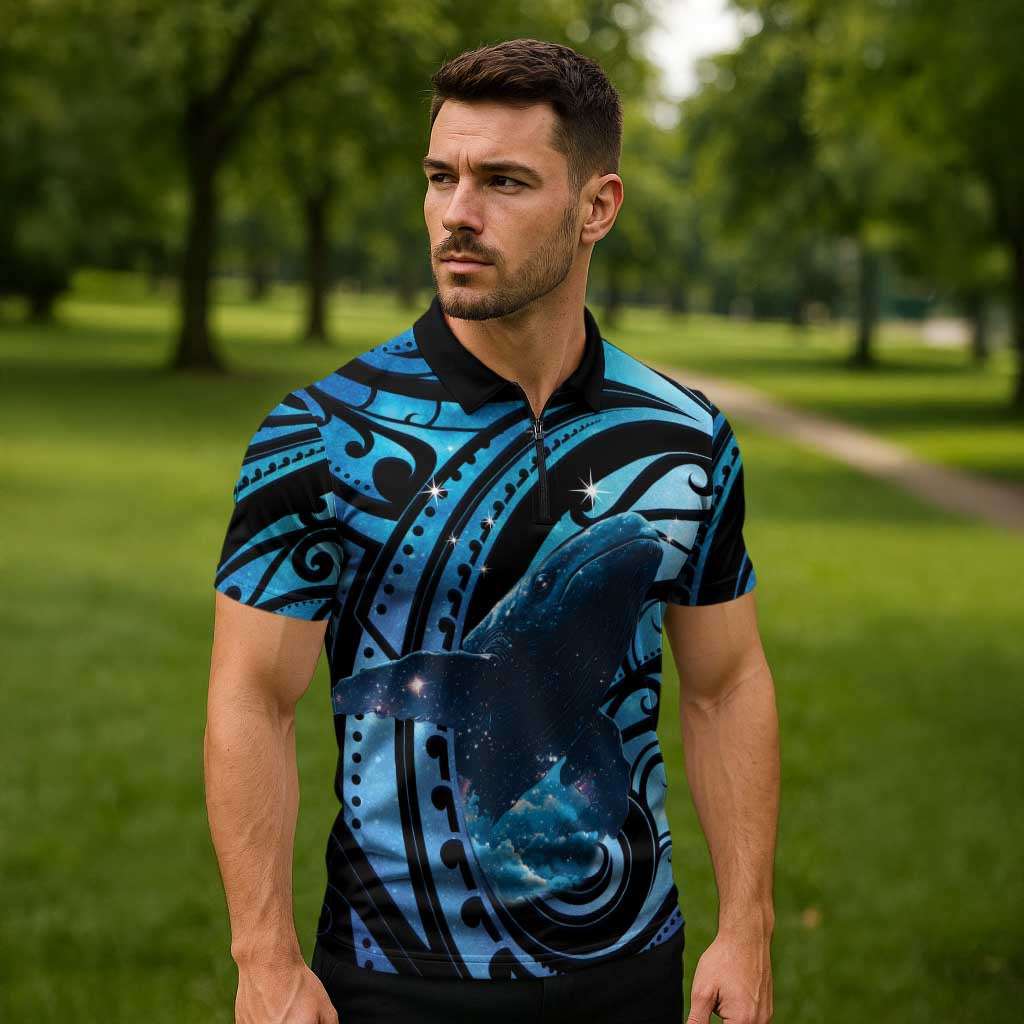 New Zealand Matariki Zipper Polo Shirt Maori Humpback Whale Galaxy