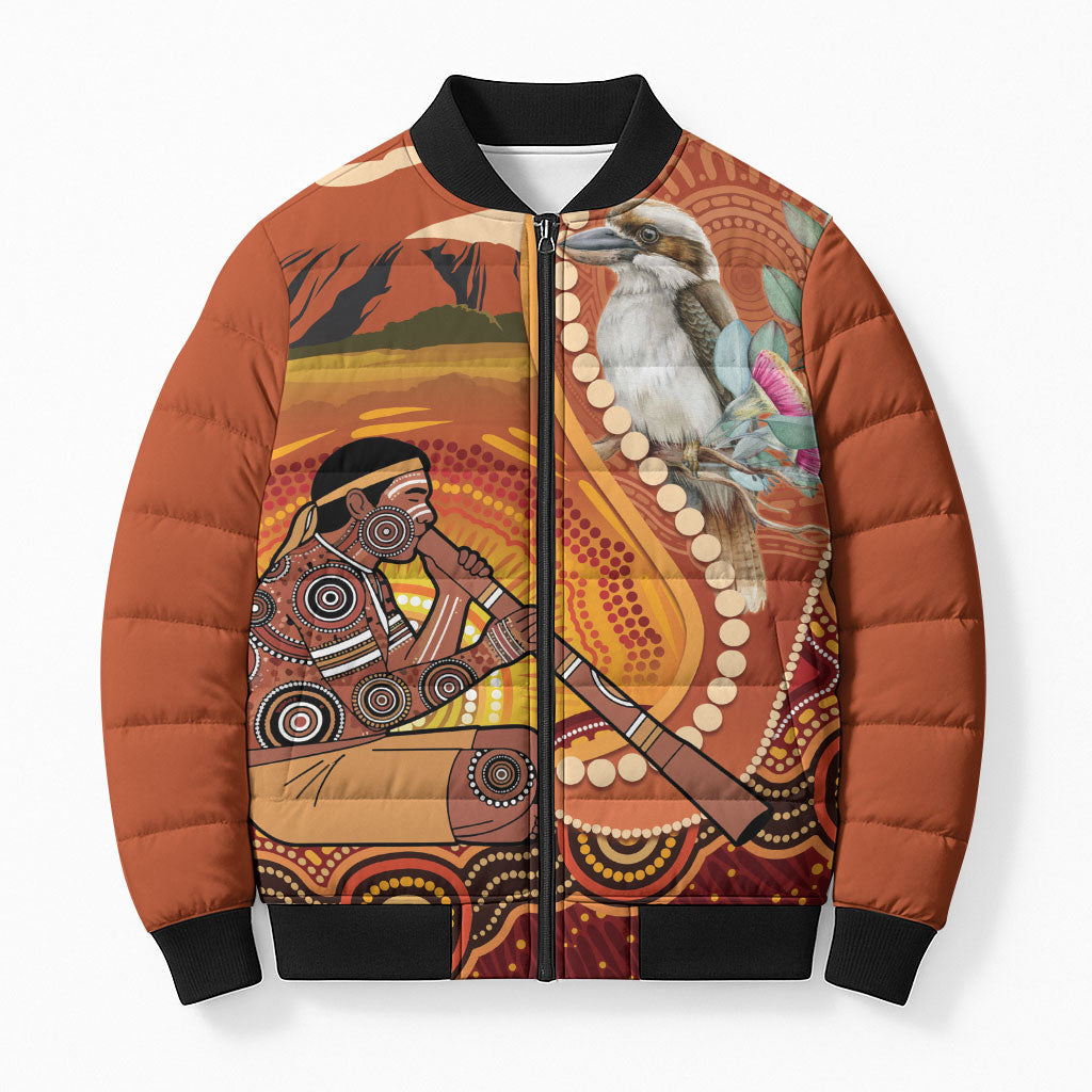Australia Didgeridoo Bomber Puffer Jacket Aussie Kookaburra Indigenous Dot Art