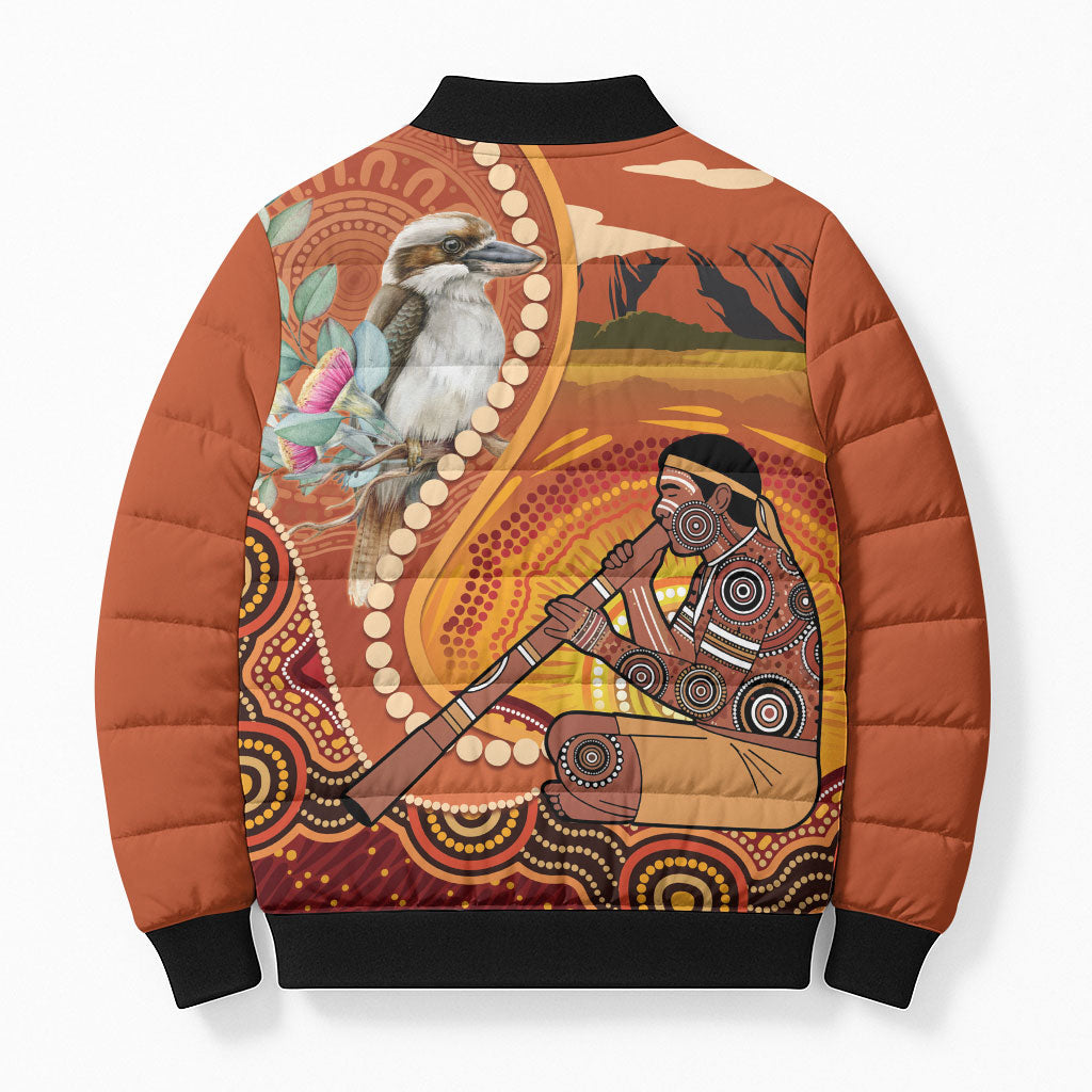 Australia Didgeridoo Bomber Puffer Jacket Aussie Kookaburra Indigenous Dot Art