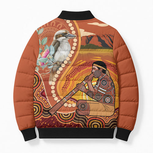Australia Didgeridoo Bomber Puffer Jacket Aussie Kookaburra Indigenous Dot Art