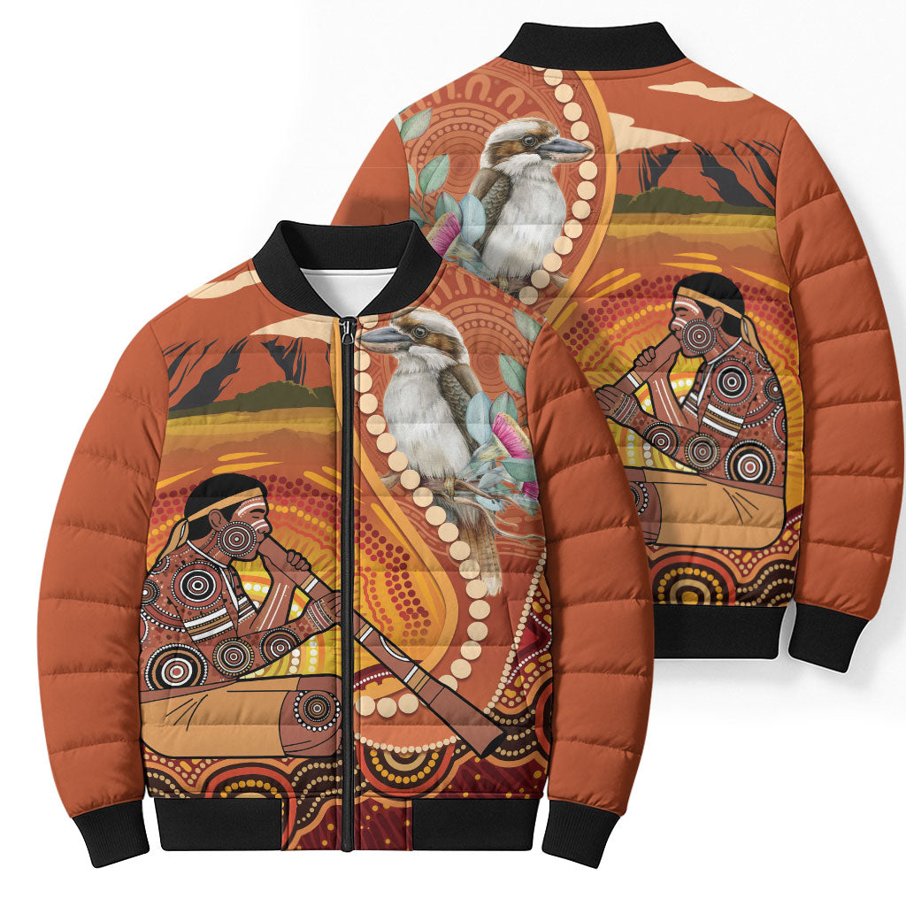 Australia Didgeridoo Bomber Puffer Jacket Aussie Kookaburra Indigenous Dot Art