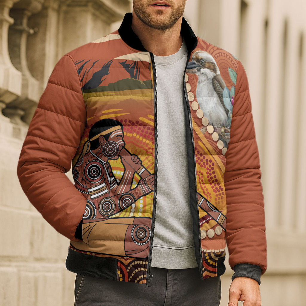 Australia Didgeridoo Bomber Puffer Jacket Aussie Kookaburra Indigenous Dot Art