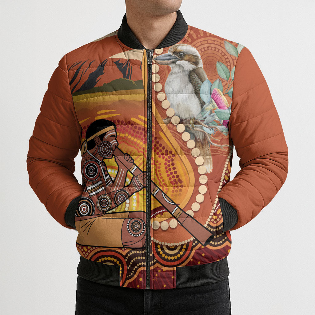 Australia Didgeridoo Bomber Puffer Jacket Aussie Kookaburra Indigenous Dot Art