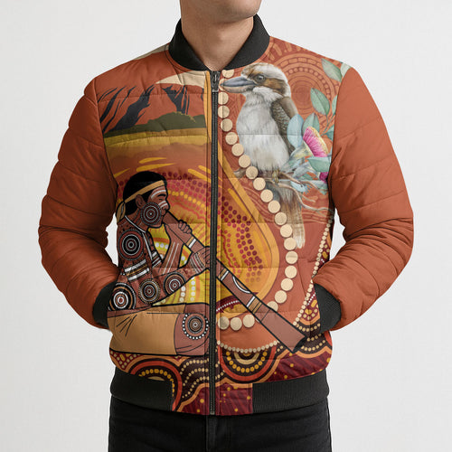 Australia Didgeridoo Bomber Puffer Jacket Aussie Kookaburra Indigenous Dot Art