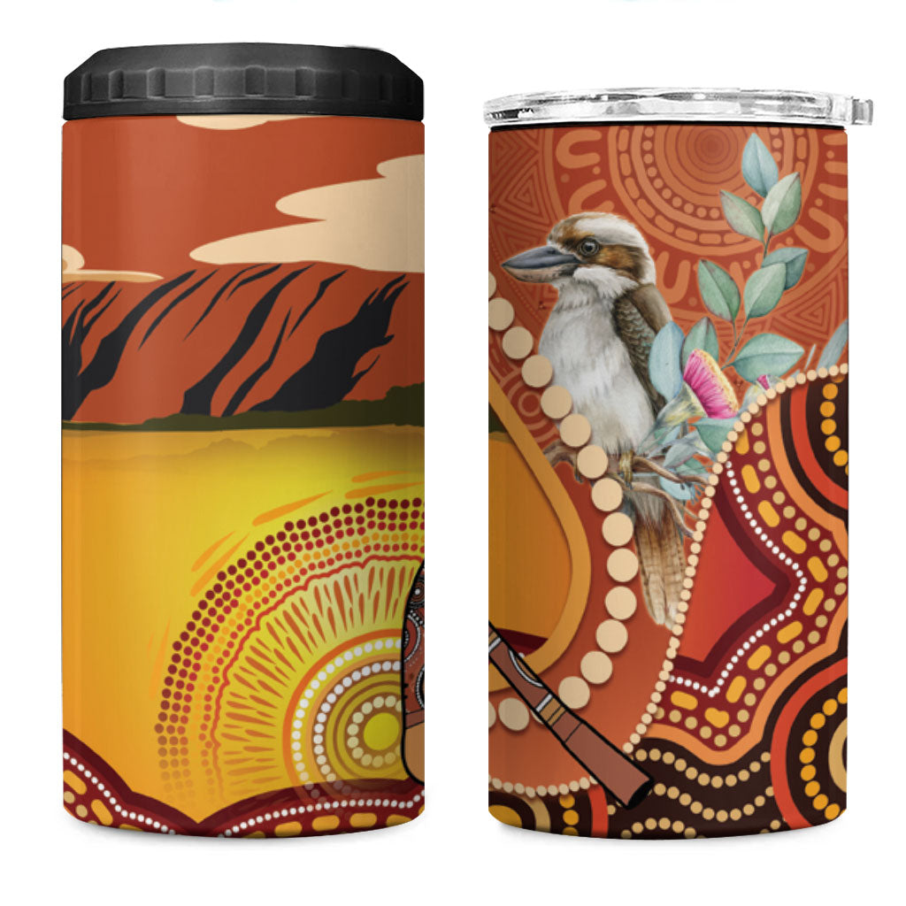 Australia Didgeridoo 4 in 1 Can Cooler Tumbler Aussie Kookaburra Indigenous Dot Art