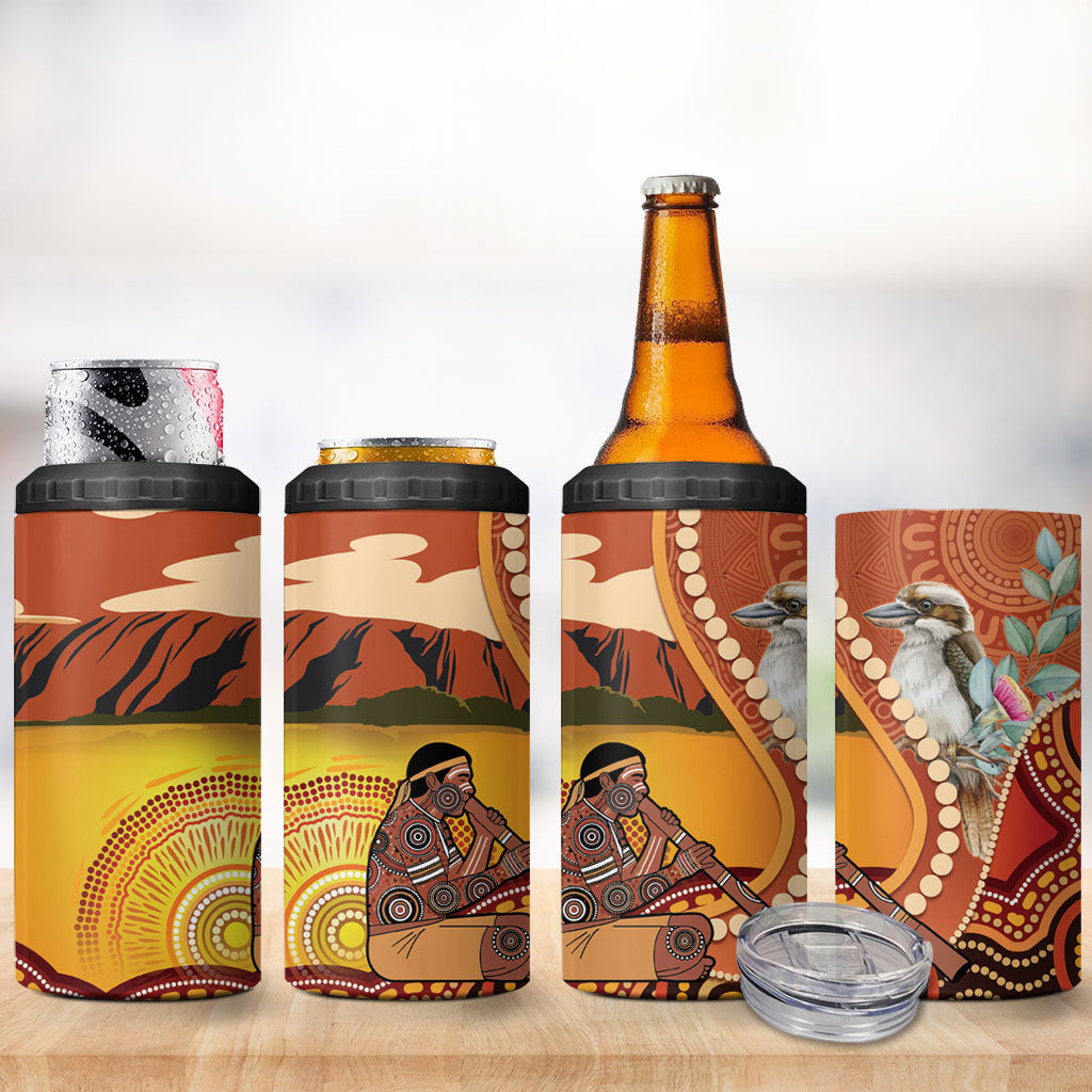 Australia Didgeridoo 4 in 1 Can Cooler Tumbler Aussie Kookaburra Indigenous Dot Art