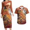 Australia Didgeridoo Couples Matching Long Sleeve Bodycon Dress and Hawaiian Shirt Aussie Kookaburra Indigenous Dot Art