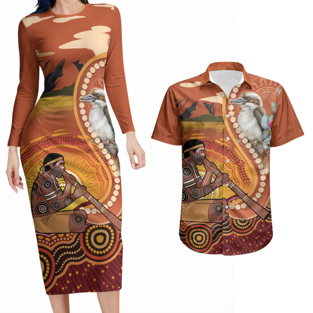 Australia Didgeridoo Couples Matching Long Sleeve Bodycon Dress and Hawaiian Shirt Aussie Kookaburra Indigenous Dot Art