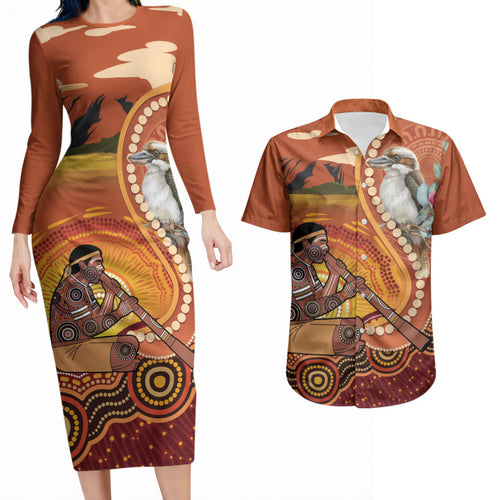 Australia Didgeridoo Couples Matching Long Sleeve Bodycon Dress and Hawaiian Shirt Aussie Kookaburra Indigenous Dot Art