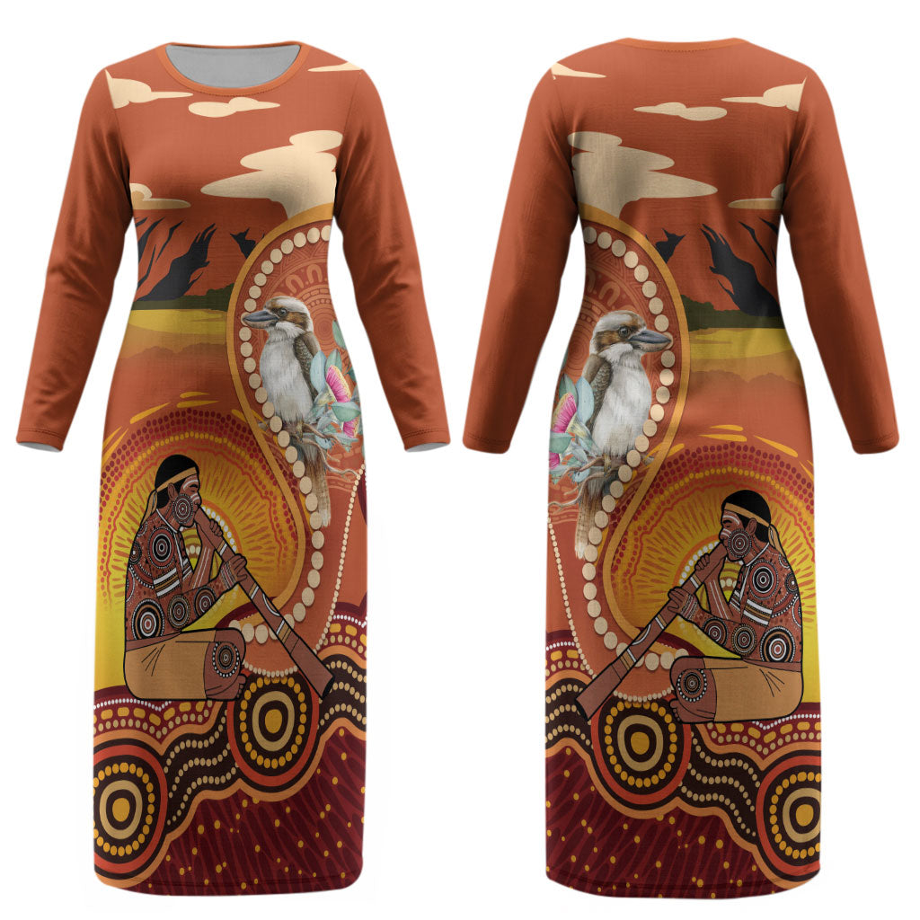 Australia Didgeridoo Couples Matching Long Sleeve Bodycon Dress and Hawaiian Shirt Aussie Kookaburra Indigenous Dot Art