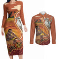Australia Didgeridoo Couples Matching Long Sleeve Bodycon Dress and Long Sleeve Button Shirt Aussie Kookaburra Indigenous Dot Art