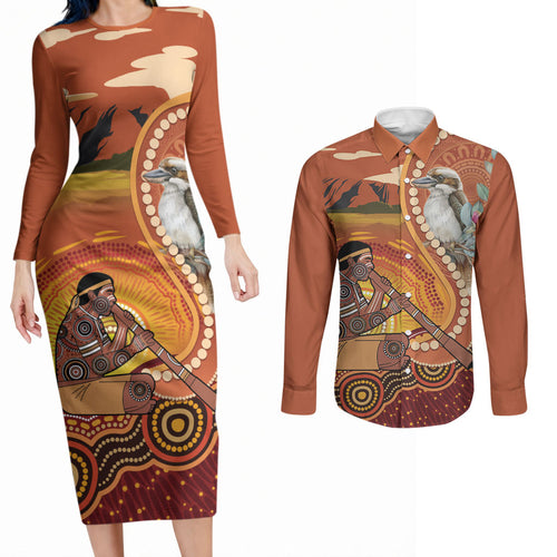 Australia Didgeridoo Couples Matching Long Sleeve Bodycon Dress and Long Sleeve Button Shirt Aussie Kookaburra Indigenous Dot Art