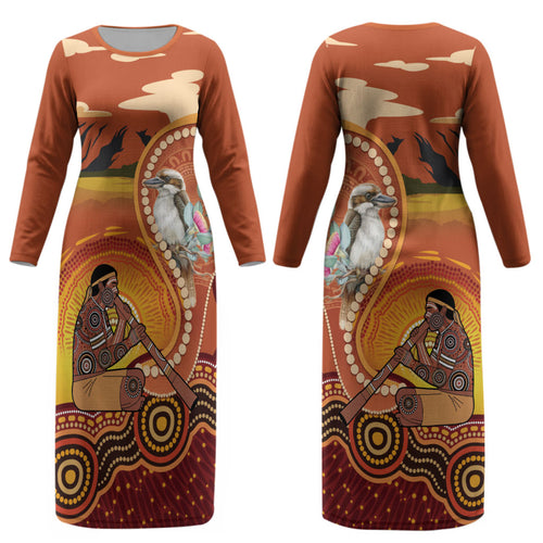 Australia Didgeridoo Couples Matching Long Sleeve Bodycon Dress and Long Sleeve Button Shirt Aussie Kookaburra Indigenous Dot Art