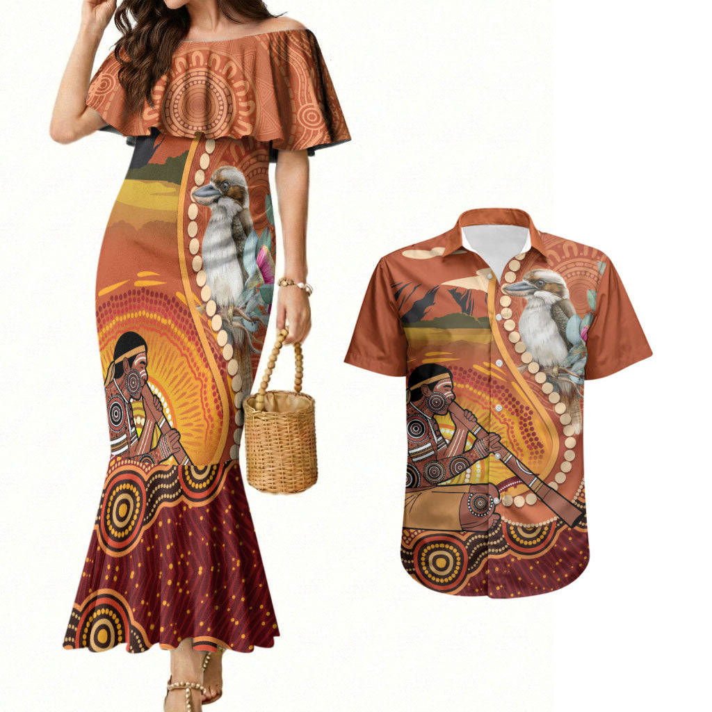 Australia Didgeridoo Couples Matching Mermaid Dress and Hawaiian Shirt Aussie Kookaburra Indigenous Dot Art