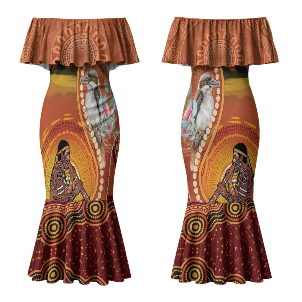 Australia Didgeridoo Couples Matching Mermaid Dress and Hawaiian Shirt Aussie Kookaburra Indigenous Dot Art
