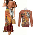 Australia Didgeridoo Couples Matching Mermaid Dress and Long Sleeve Button Shirt Aussie Kookaburra Indigenous Dot Art