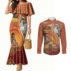 Australia Didgeridoo Couples Matching Mermaid Dress and Long Sleeve Button Shirt Aussie Kookaburra Indigenous Dot Art