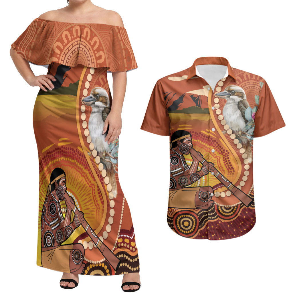 Australia Didgeridoo Couples Matching Off Shoulder Maxi Dress and Hawaiian Shirt Aussie Kookaburra Indigenous Dot Art
