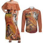 Australia Didgeridoo Couples Matching Off Shoulder Maxi Dress and Long Sleeve Button Shirt Aussie Kookaburra Indigenous Dot Art