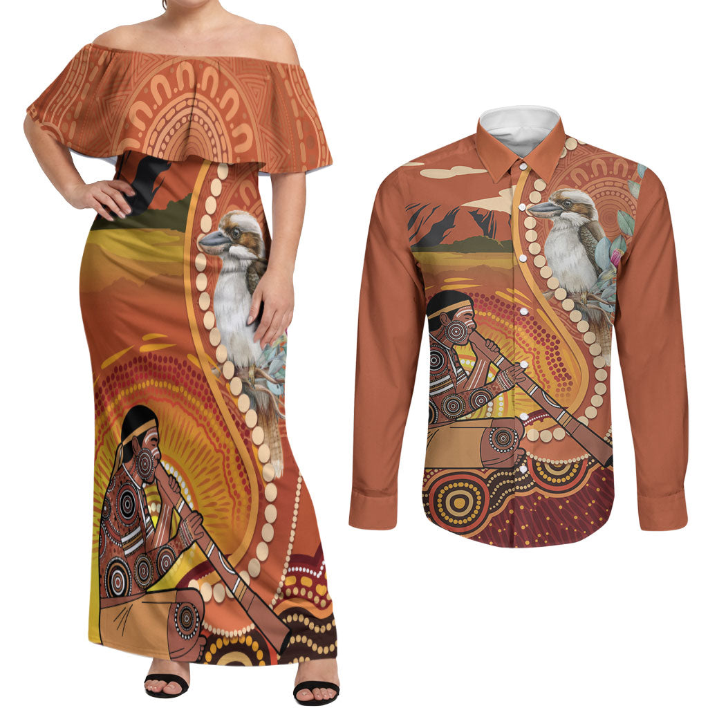 Australia Didgeridoo Couples Matching Off Shoulder Maxi Dress and Long Sleeve Button Shirt Aussie Kookaburra Indigenous Dot Art