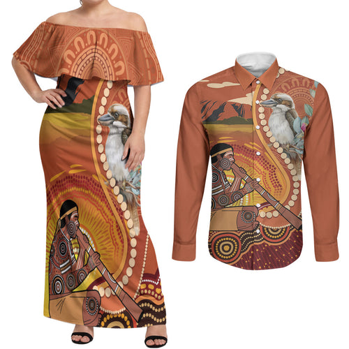 Australia Didgeridoo Couples Matching Off Shoulder Maxi Dress and Long Sleeve Button Shirt Aussie Kookaburra Indigenous Dot Art