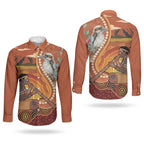 Australia Didgeridoo Couples Matching Off Shoulder Maxi Dress and Long Sleeve Button Shirt Aussie Kookaburra Indigenous Dot Art