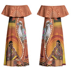 Australia Didgeridoo Couples Matching Off Shoulder Maxi Dress and Long Sleeve Button Shirt Aussie Kookaburra Indigenous Dot Art