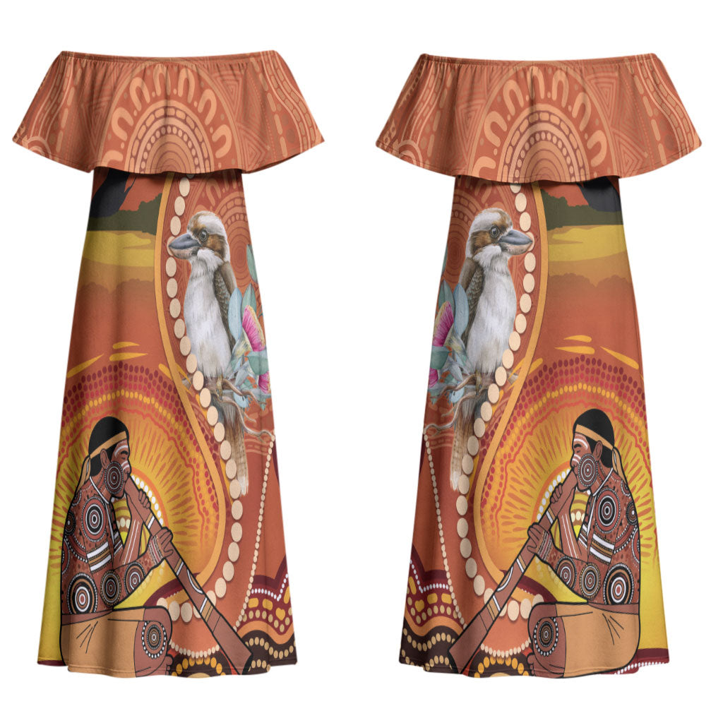 Australia Didgeridoo Couples Matching Off Shoulder Maxi Dress and Long Sleeve Button Shirt Aussie Kookaburra Indigenous Dot Art
