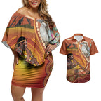 Australia Didgeridoo Couples Matching Off Shoulder Short Dress and Hawaiian Shirt Aussie Kookaburra Indigenous Dot Art