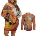 Australia Didgeridoo Couples Matching Off Shoulder Short Dress and Long Sleeve Button Shirt Aussie Kookaburra Indigenous Dot Art