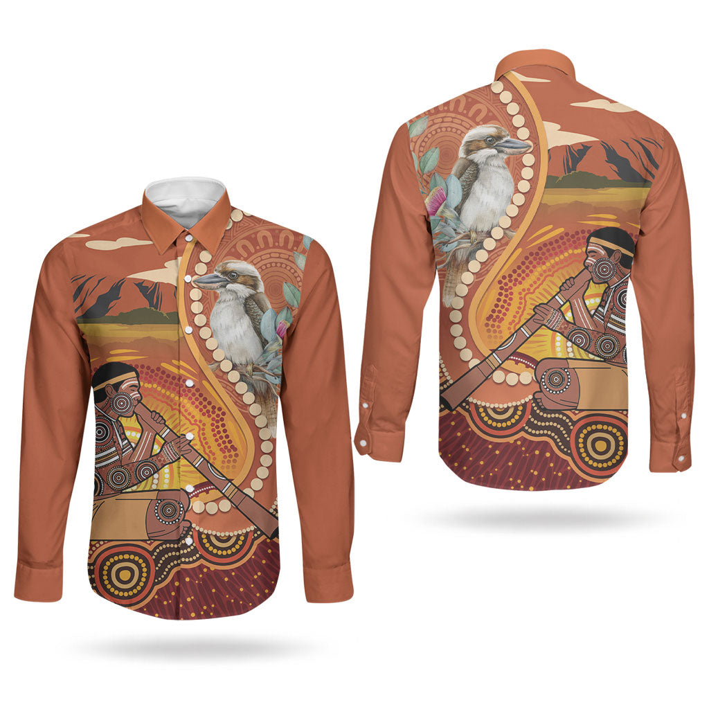 Australia Didgeridoo Couples Matching Off Shoulder Short Dress and Long Sleeve Button Shirt Aussie Kookaburra Indigenous Dot Art