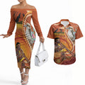 Australia Didgeridoo Couples Matching Off The Shoulder Long Sleeve Dress and Hawaiian Shirt Aussie Kookaburra Indigenous Dot Art