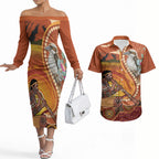 Australia Didgeridoo Couples Matching Off The Shoulder Long Sleeve Dress and Hawaiian Shirt Aussie Kookaburra Indigenous Dot Art