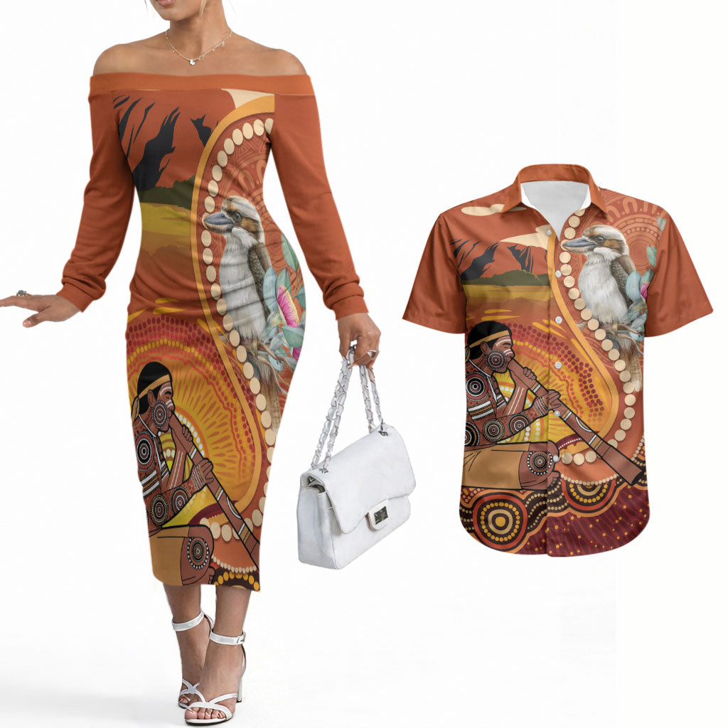Australia Didgeridoo Couples Matching Off The Shoulder Long Sleeve Dress and Hawaiian Shirt Aussie Kookaburra Indigenous Dot Art