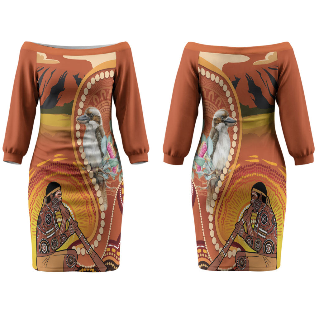 Australia Didgeridoo Couples Matching Off The Shoulder Long Sleeve Dress and Hawaiian Shirt Aussie Kookaburra Indigenous Dot Art