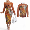 Australia Didgeridoo Couples Matching Off The Shoulder Long Sleeve Dress and Long Sleeve Button Shirt Aussie Kookaburra Indigenous Dot Art