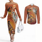 Australia Didgeridoo Couples Matching Off The Shoulder Long Sleeve Dress and Long Sleeve Button Shirt Aussie Kookaburra Indigenous Dot Art