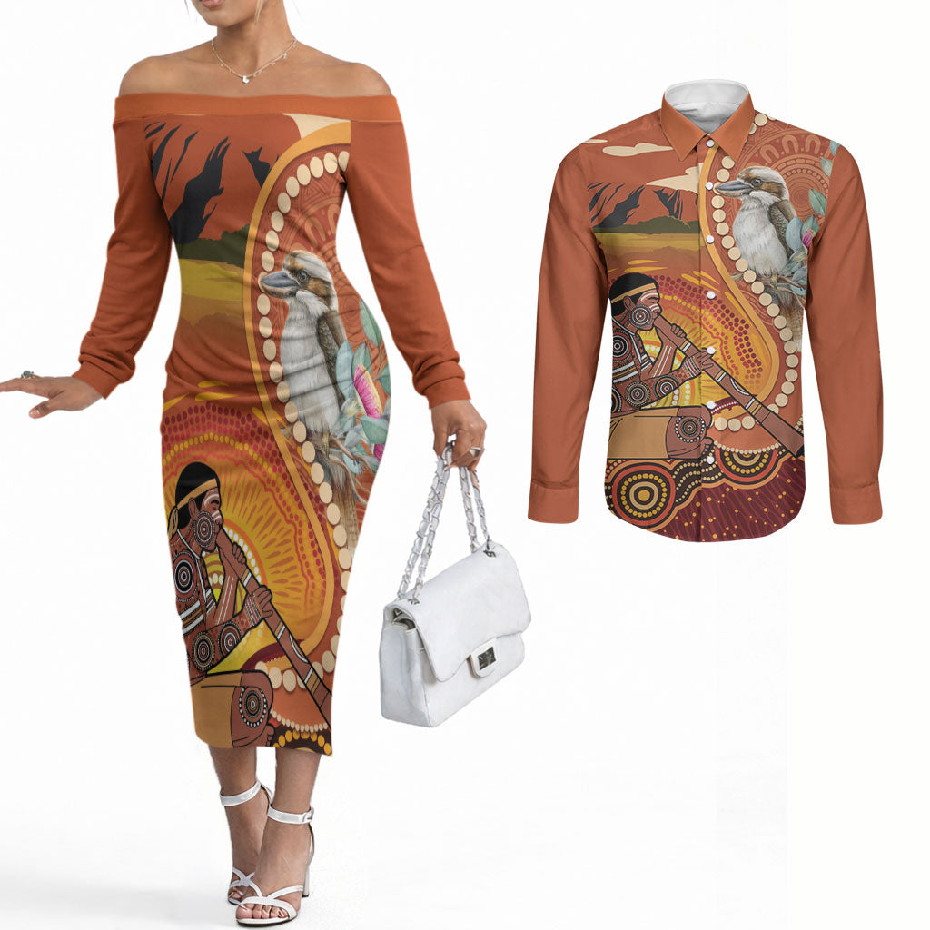 Australia Didgeridoo Couples Matching Off The Shoulder Long Sleeve Dress and Long Sleeve Button Shirt Aussie Kookaburra Indigenous Dot Art