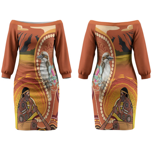 Australia Didgeridoo Couples Matching Off The Shoulder Long Sleeve Dress and Long Sleeve Button Shirt Aussie Kookaburra Indigenous Dot Art