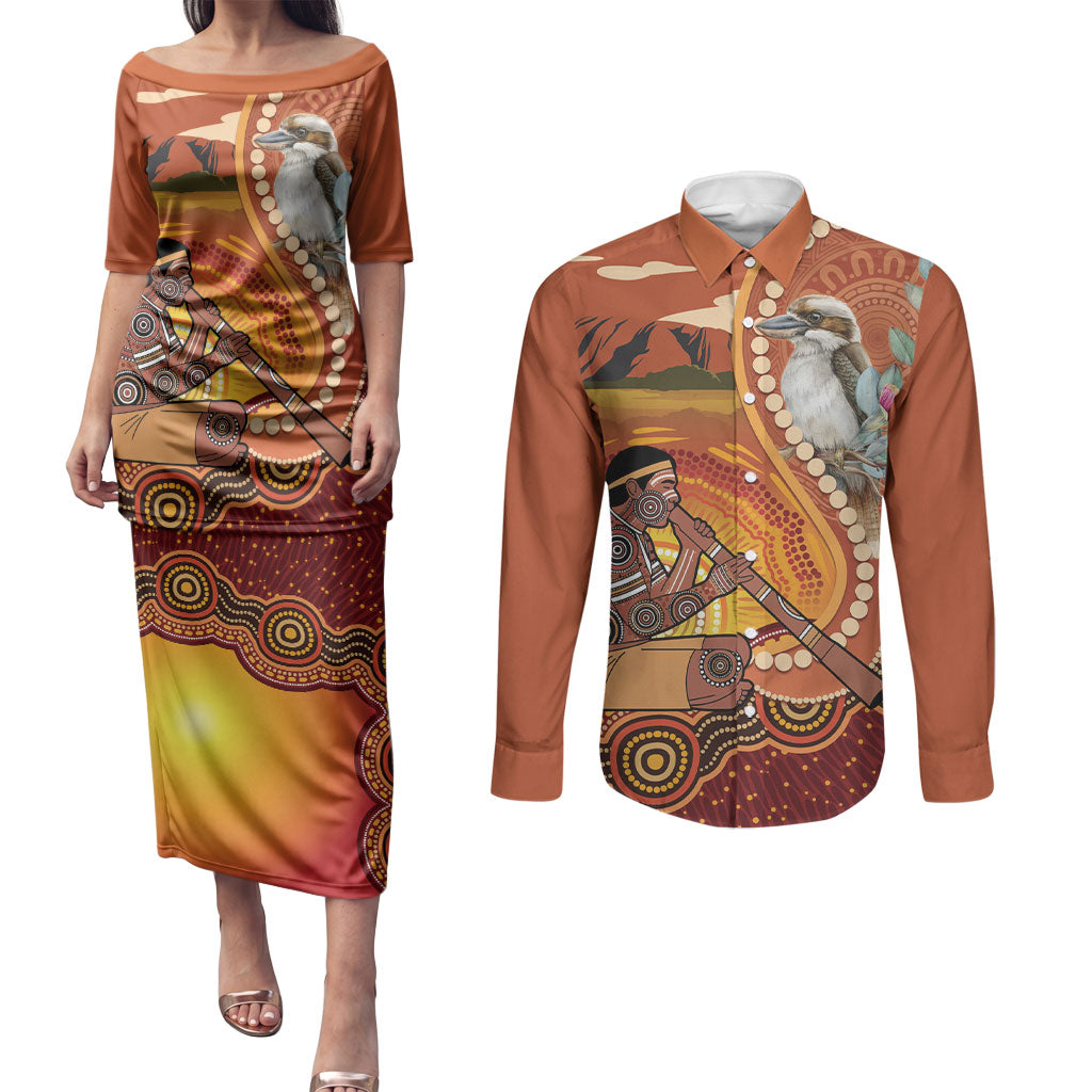 Australia Didgeridoo Couples Matching Puletasi and Long Sleeve Button Shirt Aussie Kookaburra Indigenous Dot Art