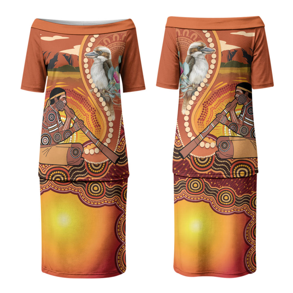 Australia Didgeridoo Couples Matching Puletasi and Long Sleeve Button Shirt Aussie Kookaburra Indigenous Dot Art