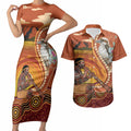 Australia Didgeridoo Couples Matching Short Sleeve Bodycon Dress and Hawaiian Shirt Aussie Kookaburra Indigenous Dot Art
