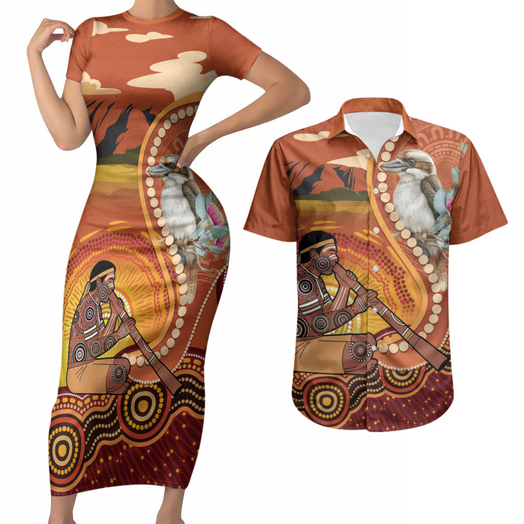 Australia Didgeridoo Couples Matching Short Sleeve Bodycon Dress and Hawaiian Shirt Aussie Kookaburra Indigenous Dot Art