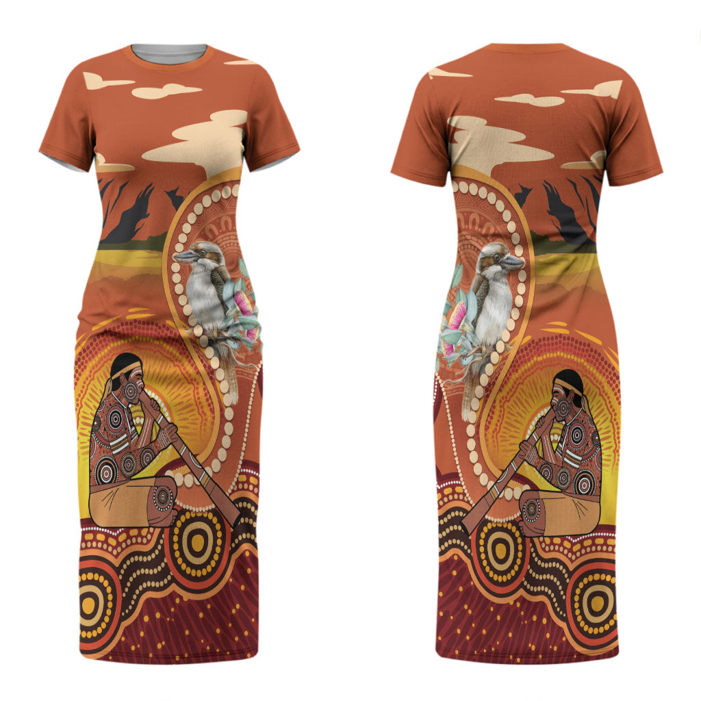 Australia Didgeridoo Couples Matching Short Sleeve Bodycon Dress and Hawaiian Shirt Aussie Kookaburra Indigenous Dot Art