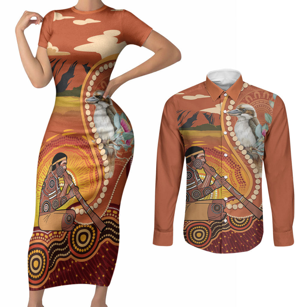 Australia Didgeridoo Couples Matching Short Sleeve Bodycon Dress and Long Sleeve Button Shirt Aussie Kookaburra Indigenous Dot Art
