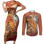 Australia Didgeridoo Couples Matching Short Sleeve Bodycon Dress and Long Sleeve Button Shirt Aussie Kookaburra Indigenous Dot Art