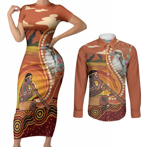 Australia Didgeridoo Couples Matching Short Sleeve Bodycon Dress and Long Sleeve Button Shirt Aussie Kookaburra Indigenous Dot Art